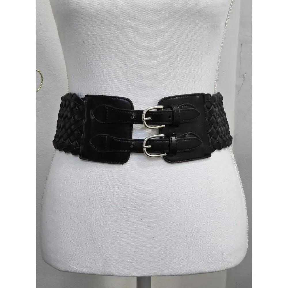 Goth Retro Women's size Small Wide Black Woven Waist Belt Double Buckle Stretch
